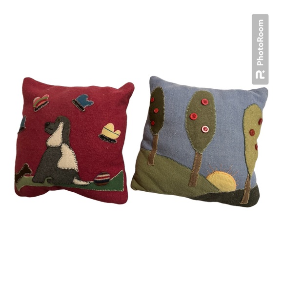 Wool Hand Enbroidered Throw Pillows - dog and apple orchard - Picture 1 of 11